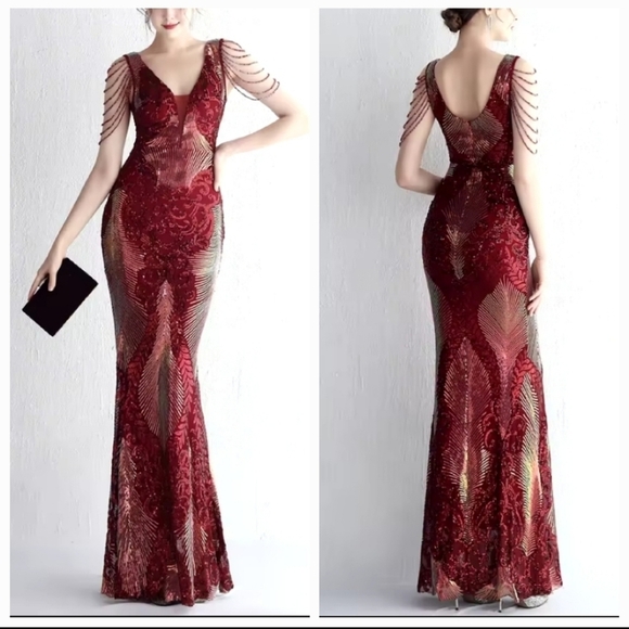 WIne Red, Floral, Sleeveless, Round Back, V Neck, Sequined Mermaid Gown - Picture 3 of 16